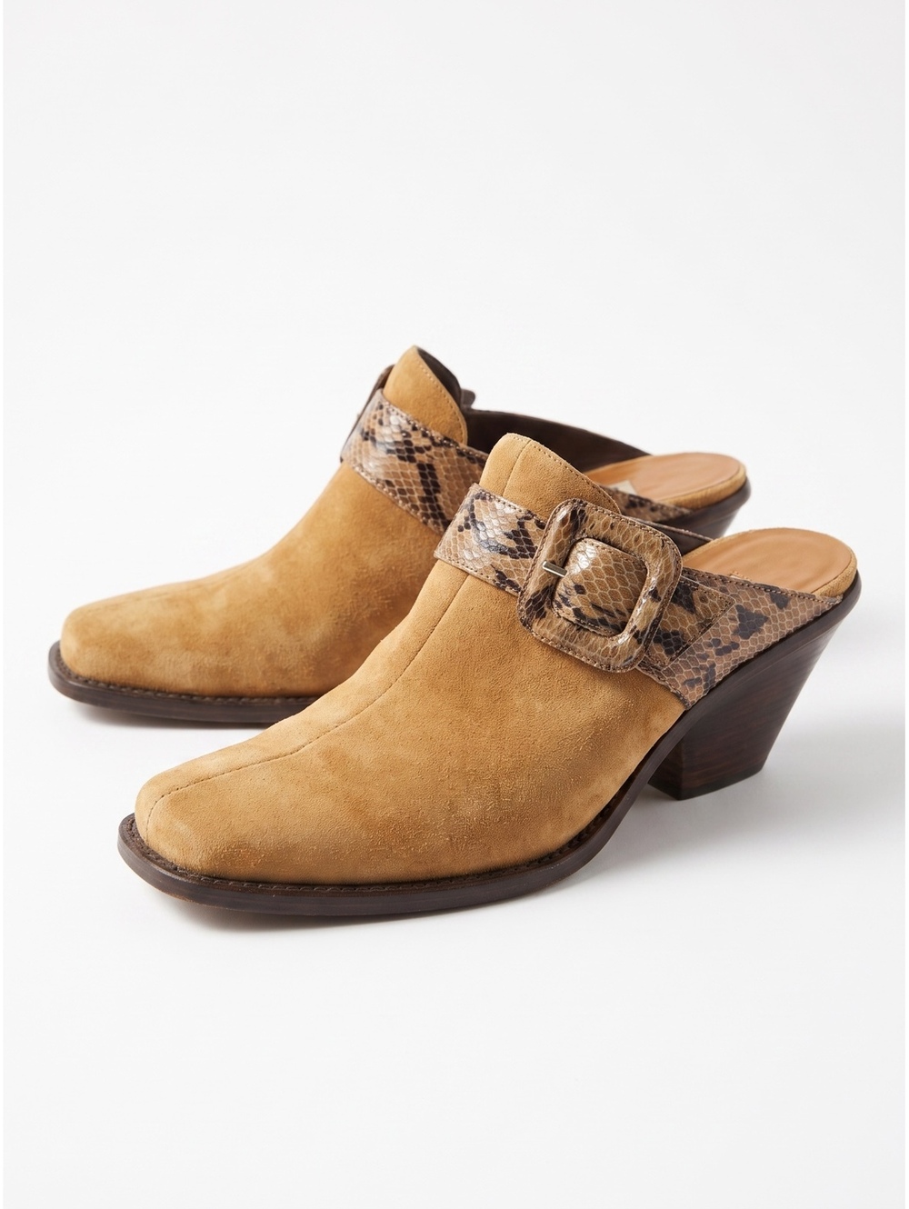 Italian Suede Mule Clogs Camel Leather Snakeskin Buckle Wood Heel EU 37